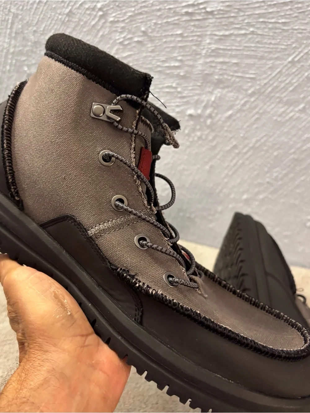 Hey Dude Men's Grey and Black Lace-Up Casual Boots with Red Accents SZ 12